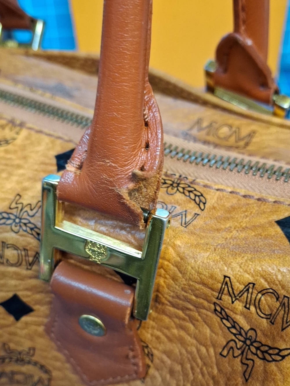 MCM Cognac Visetos Monogram Satchel Gold Hardware Removable Adj Strap Preloved - Picture 3 of 16